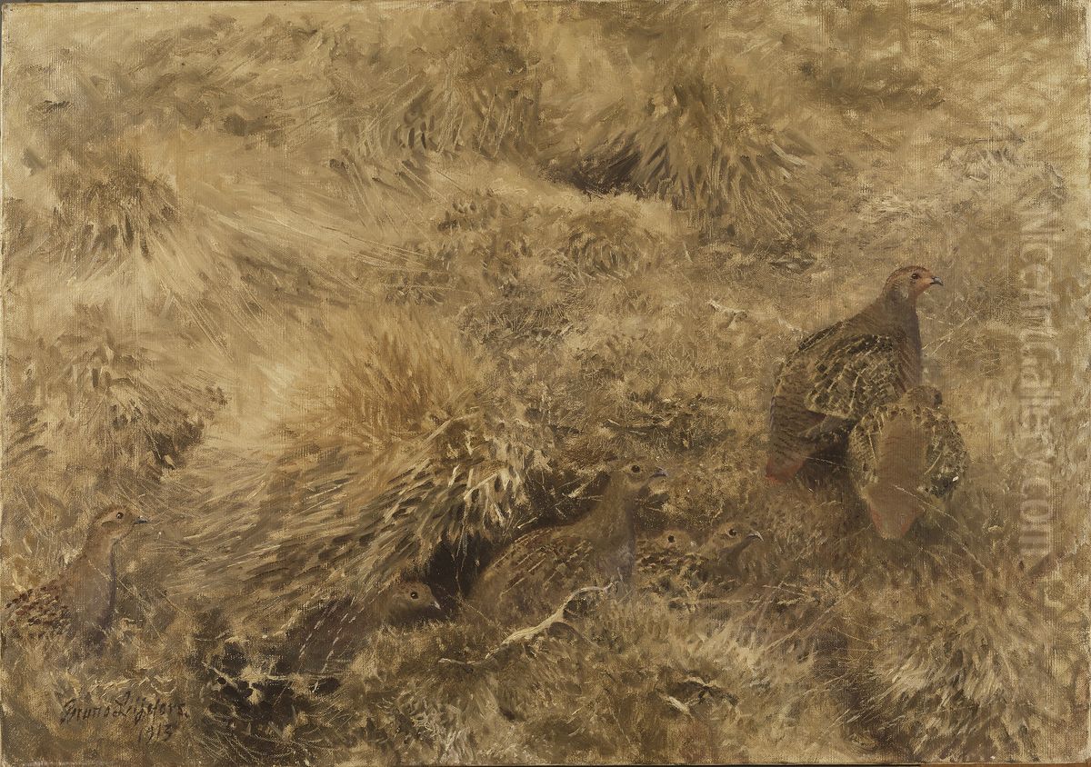 Autumn Landscape with Partridges Oil Painting by Bruno Andreas Liljefors