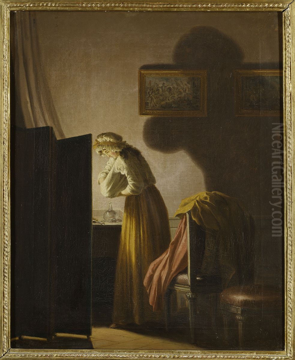 Ett fruent loppar sig vid ljus Oil Painting by Pehr Hillestrom