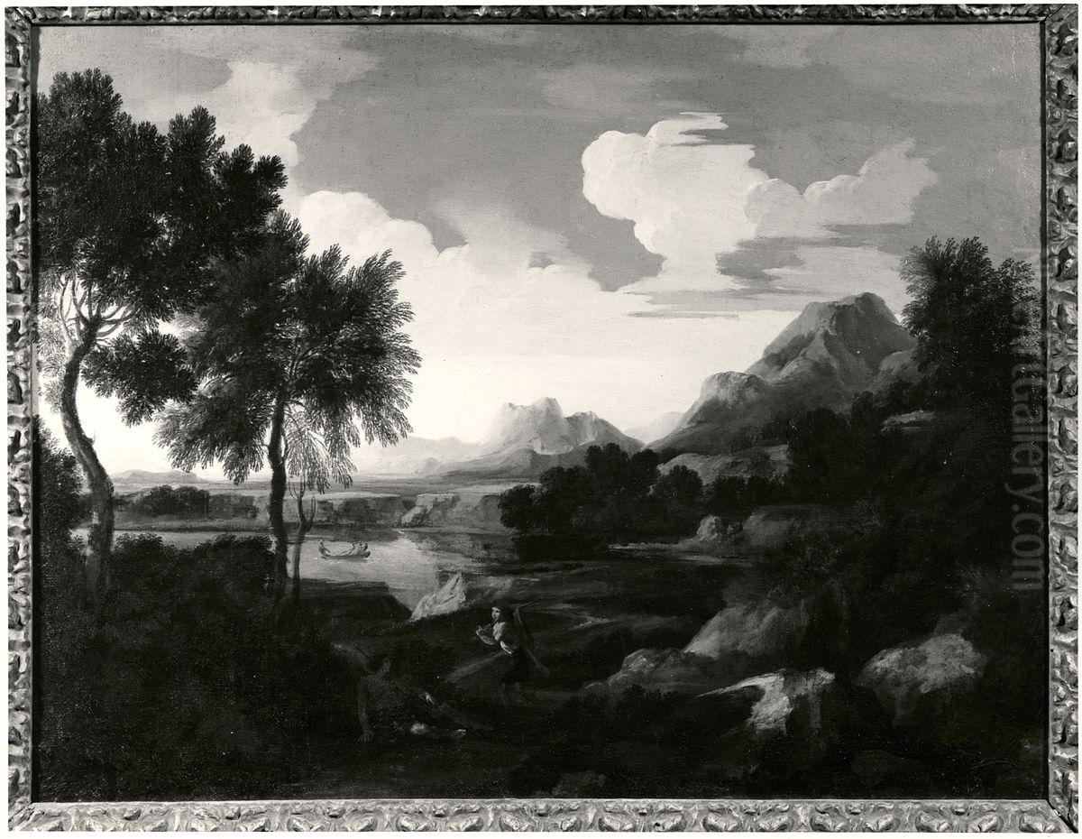 Landscape with Huntsmen, Mountains and a Lake Oil Painting by Gaspard Dughet