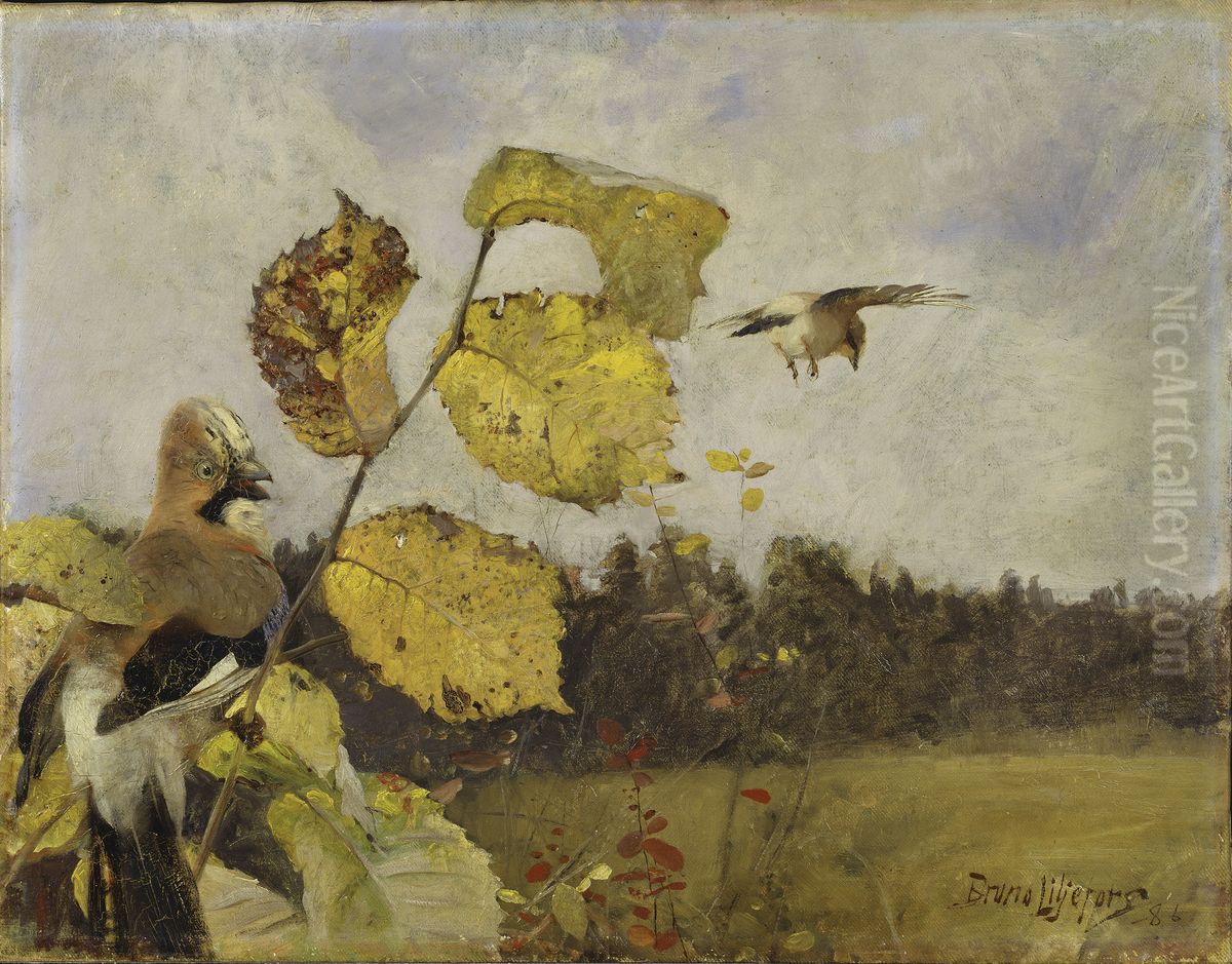 Jays Oil Painting by Bruno Andreas Liljefors