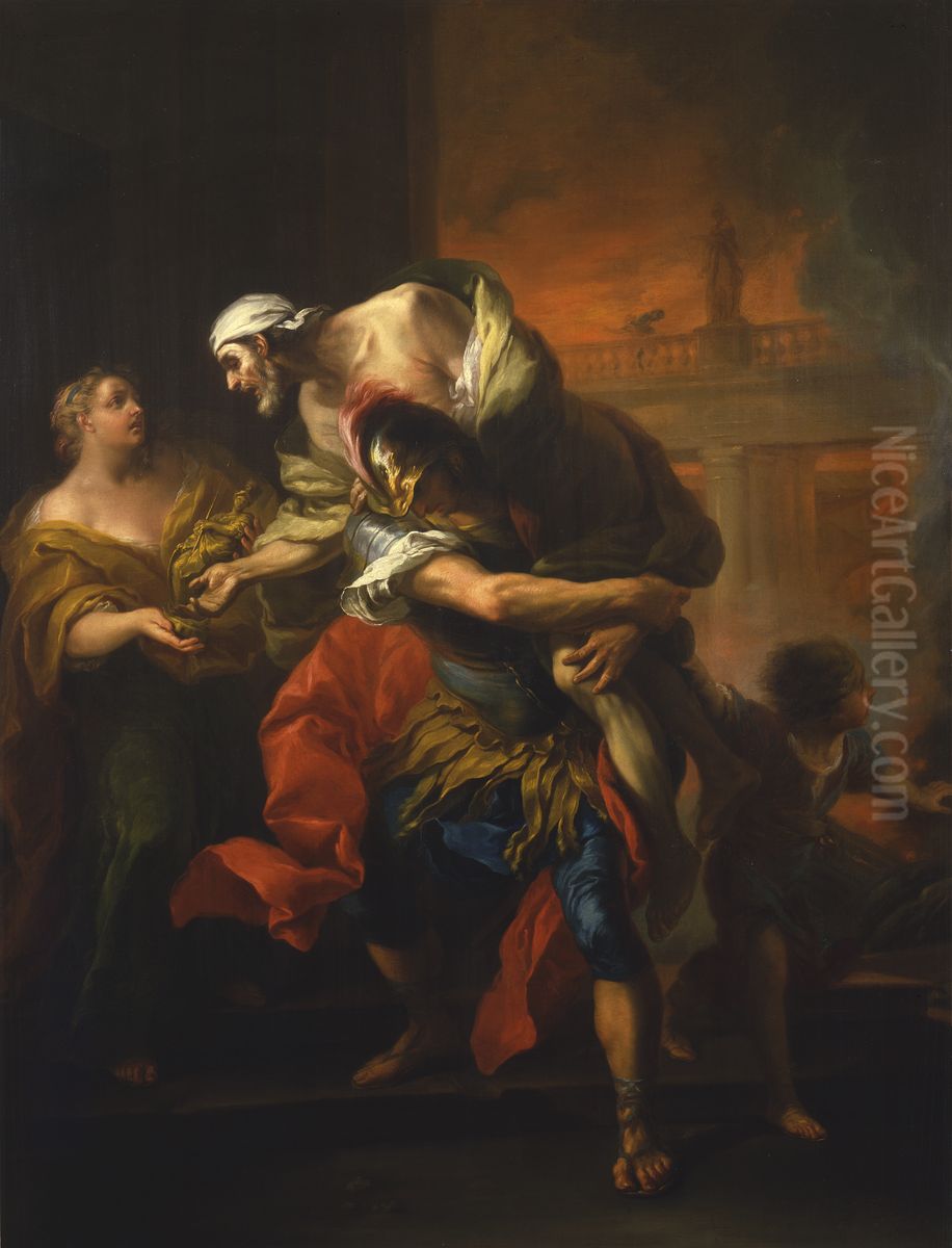 Aeneas Rescuing his Father from the Fire at Troy Oil Painting by Charles-Andre van Loo