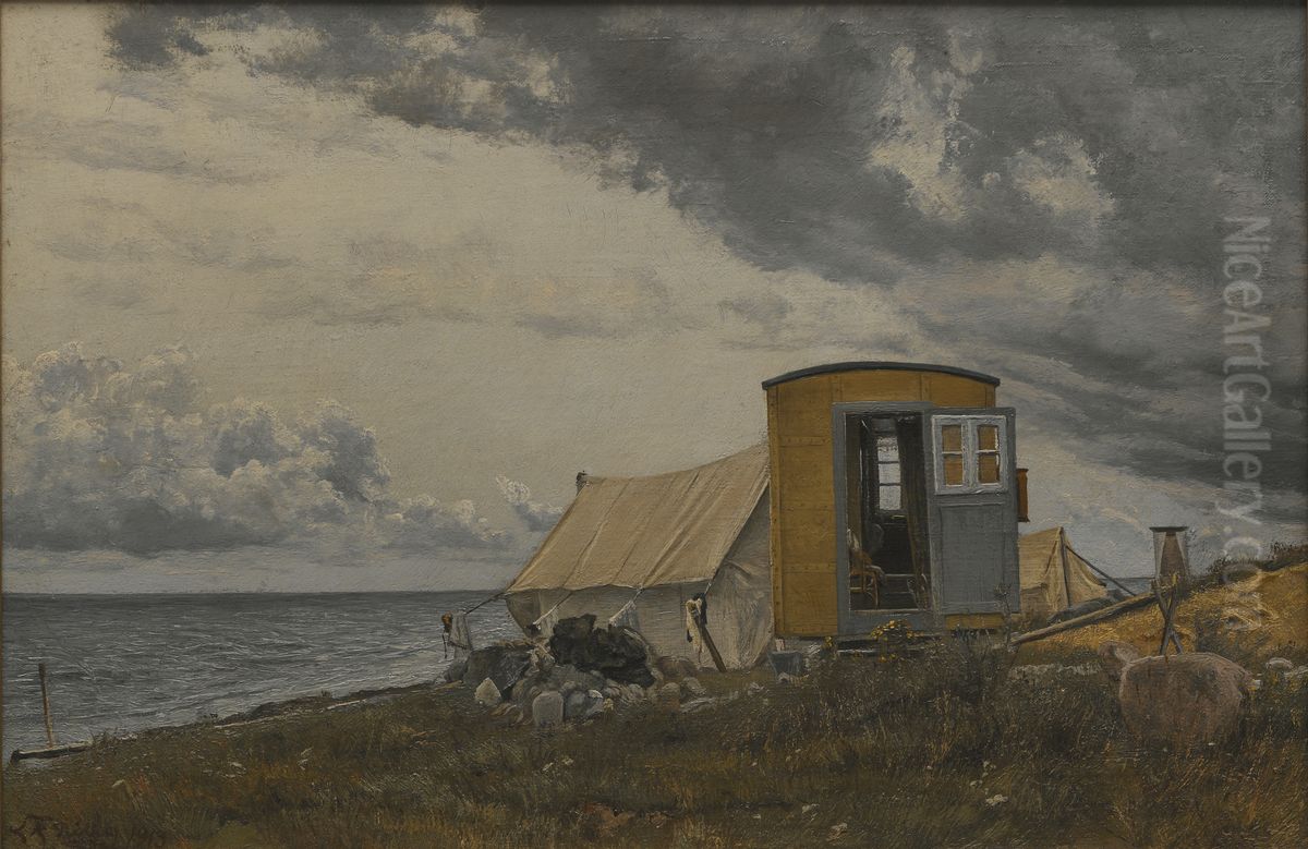 View of a Shore with the Artist's Wagon and Tent at Eno Oil Painting by Laurits Andersen Ring