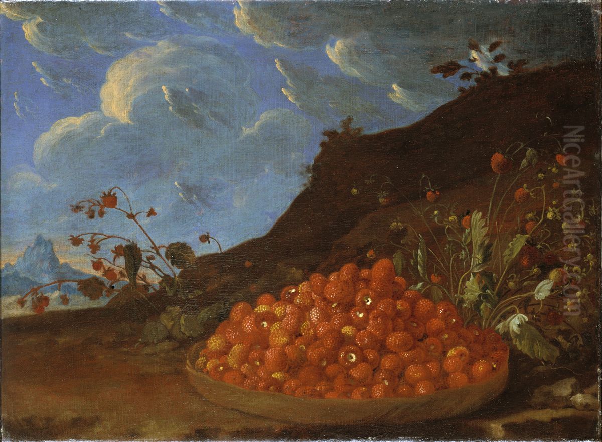 Basket of Wild Strawberries in a Landscape Oil Painting by Luis Egidio Melendez