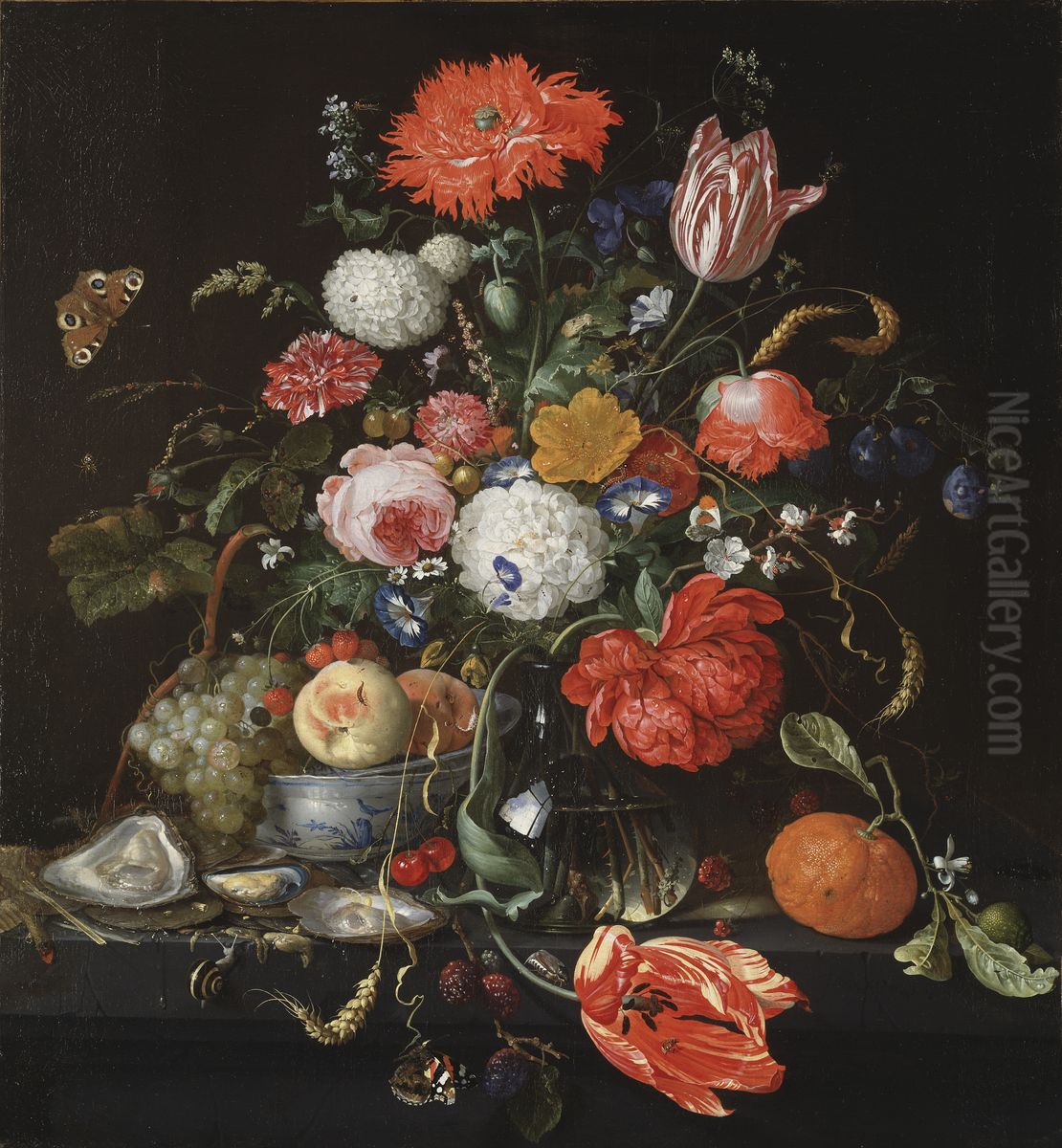 Flower Still Life with a Bowl of Fruit and Oysters Oil Painting by Jan Davidsz. De Heem
