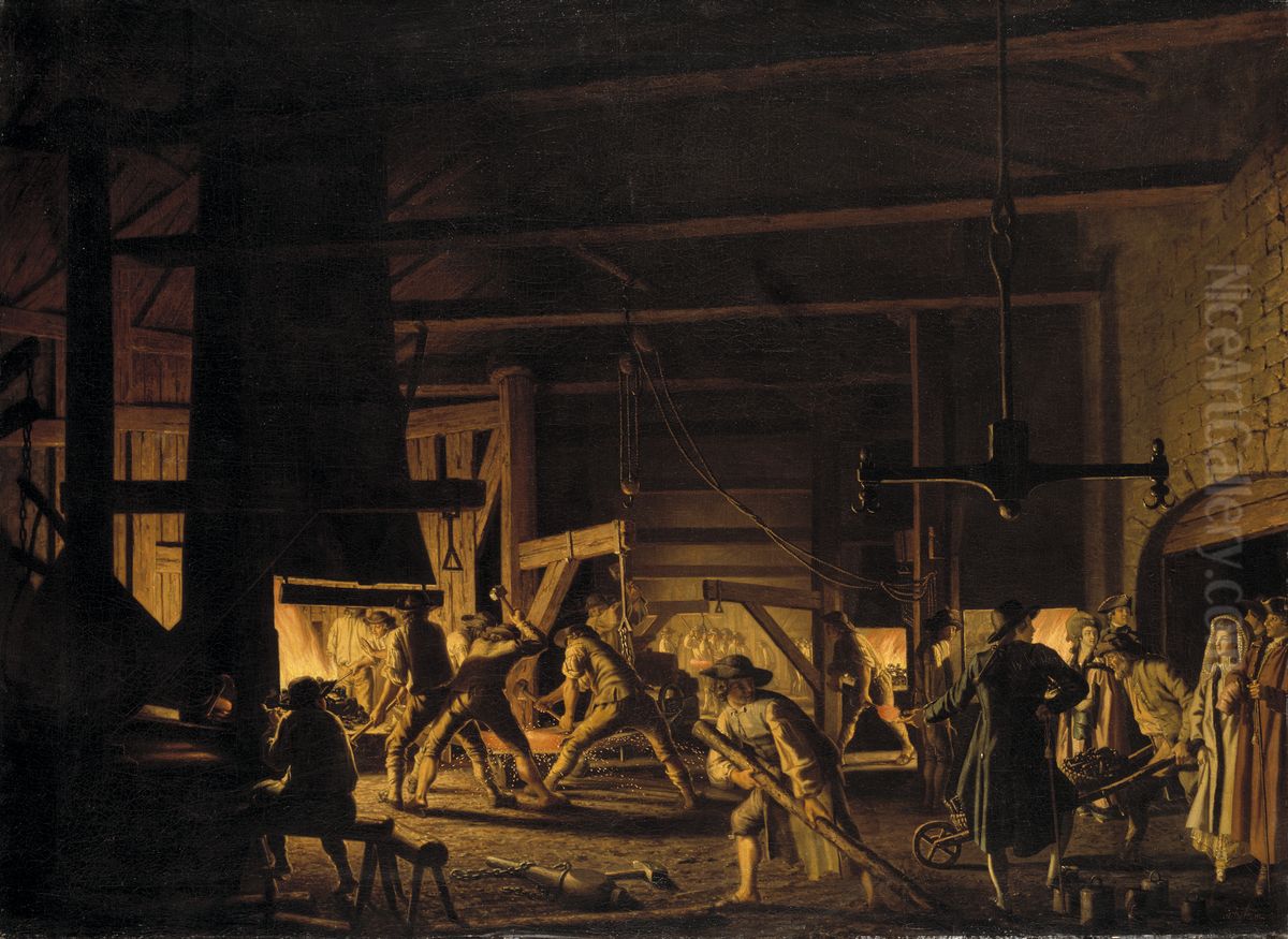In the Anchor-Forge at Soderfors. The Smiths Hard at Work Oil Painting by Pehr Hillestrom