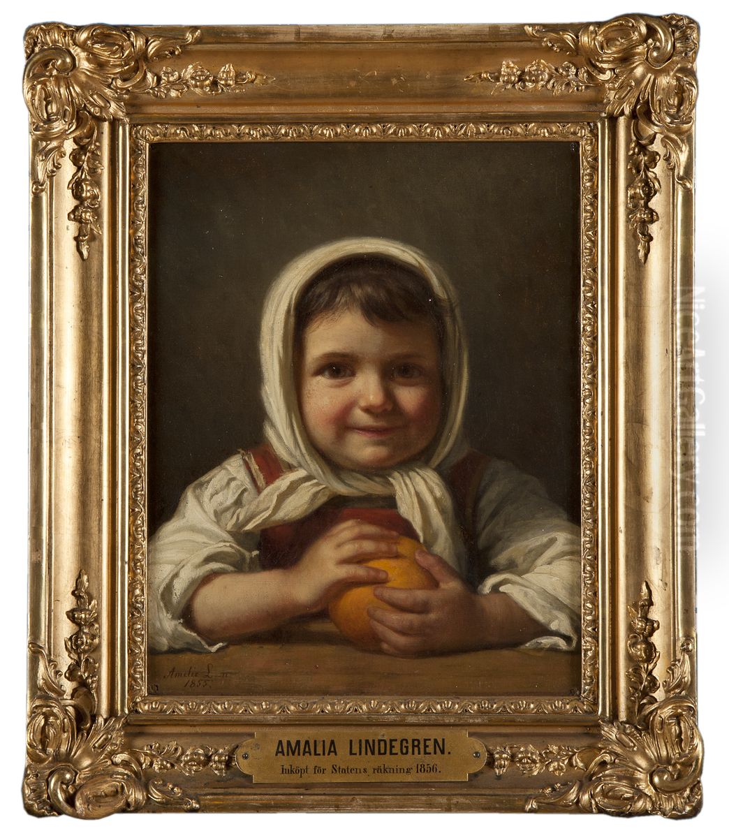 Girl with an Orange Oil Painting by Amalia Lindegren
