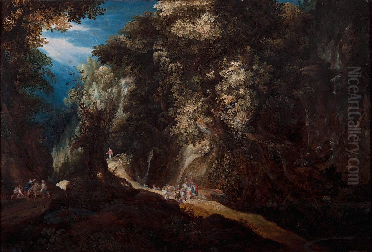 Wooded Mountain Landscape with Waterfall and Travellers Oil Painting by Gijsbrecht Leytens