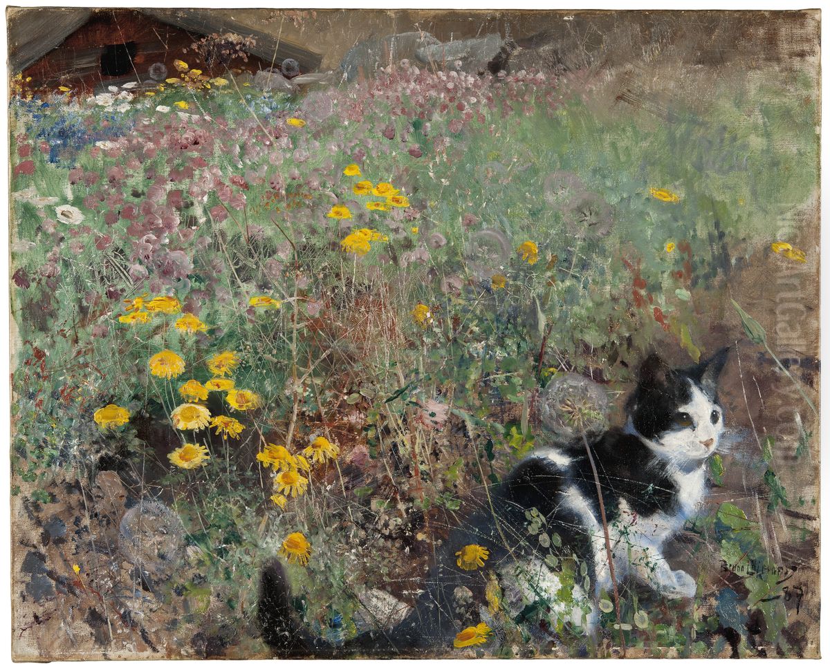 Katt pa blomsterang Oil Painting by Bruno Andreas Liljefors