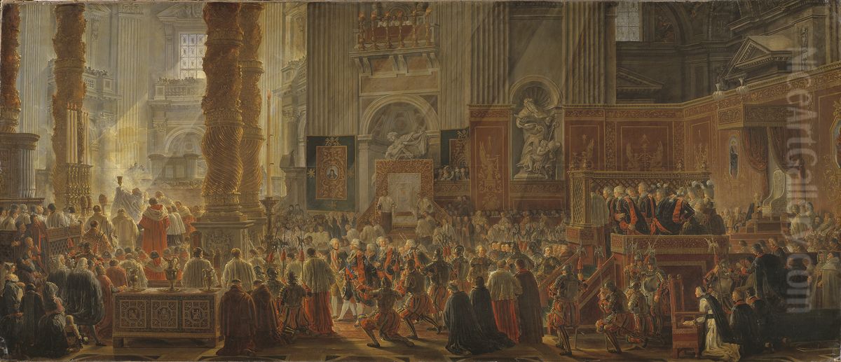 Gustav III bevistar julmassan i Peterskyrkan i Rom 1783 Oil Painting by Louis Jean Desprez