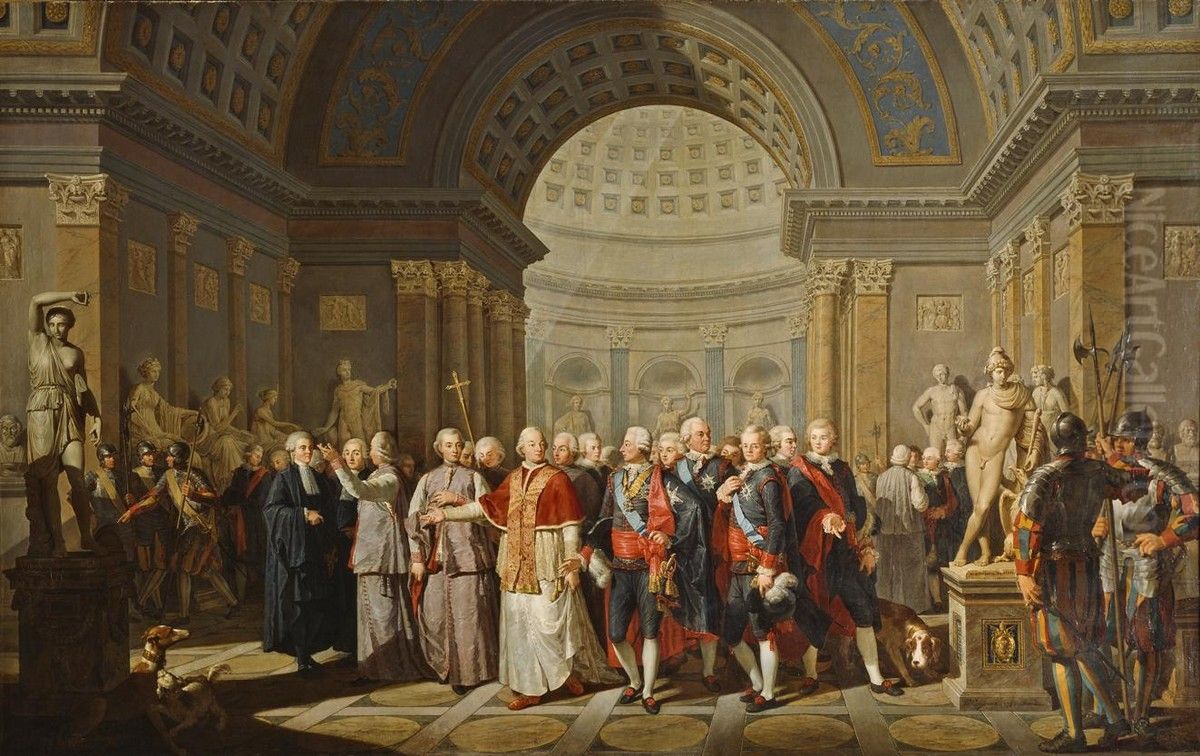 The Pope Pious VI Showing King Gustavus III the Vatican Galleries Oil Painting by Benigne Gagneraux