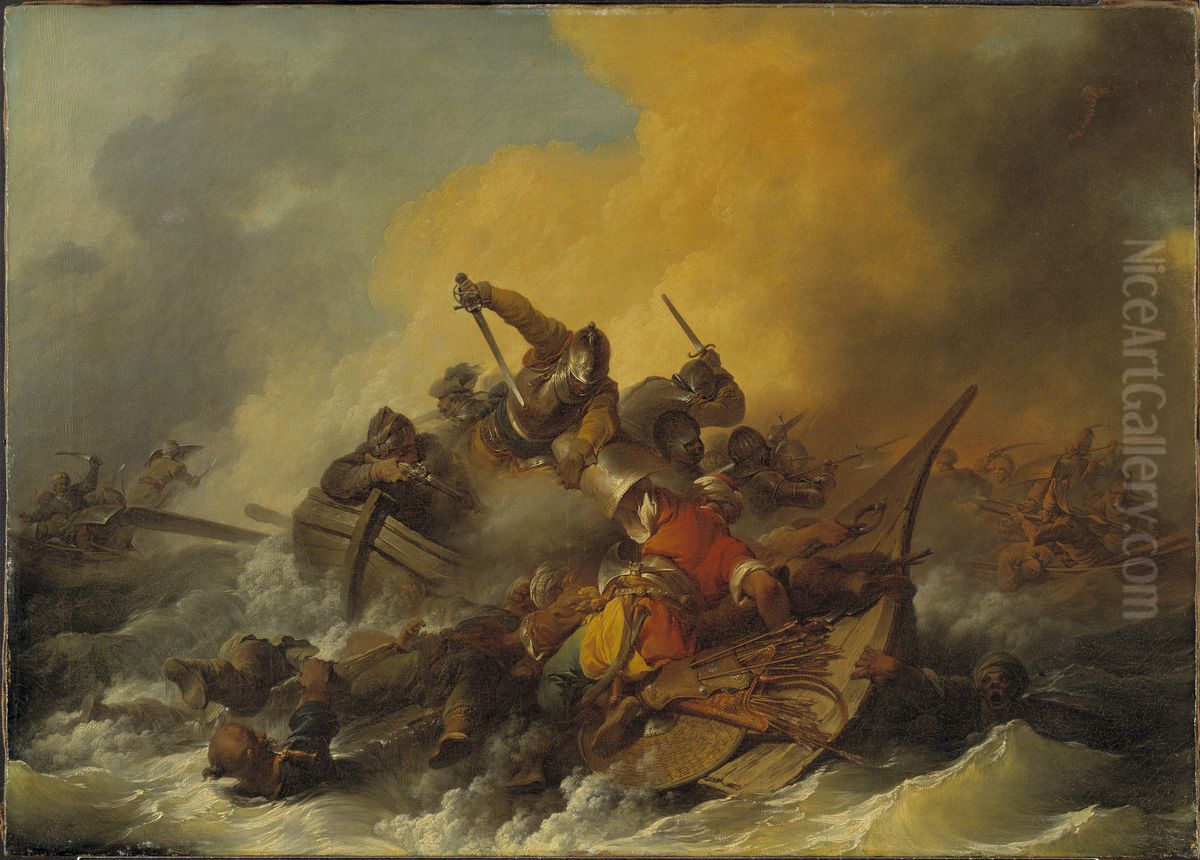 Battle at Sea between Soldiers and Oriental Pirates Oil Painting by Philip James de Loutherbourg