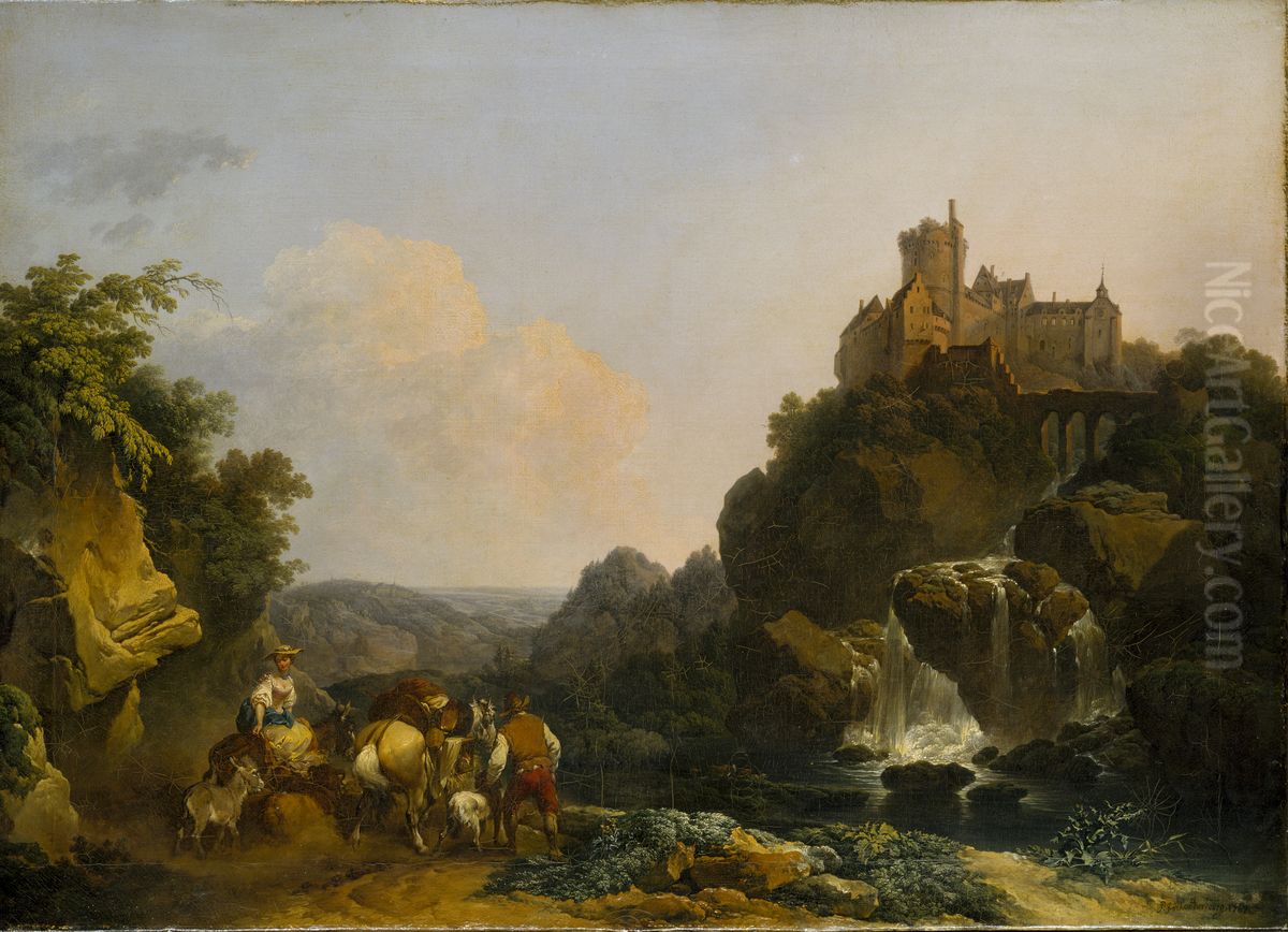 Landskap med vattenfall, slott och bondfolk Oil Painting by Philip James de Loutherbourg