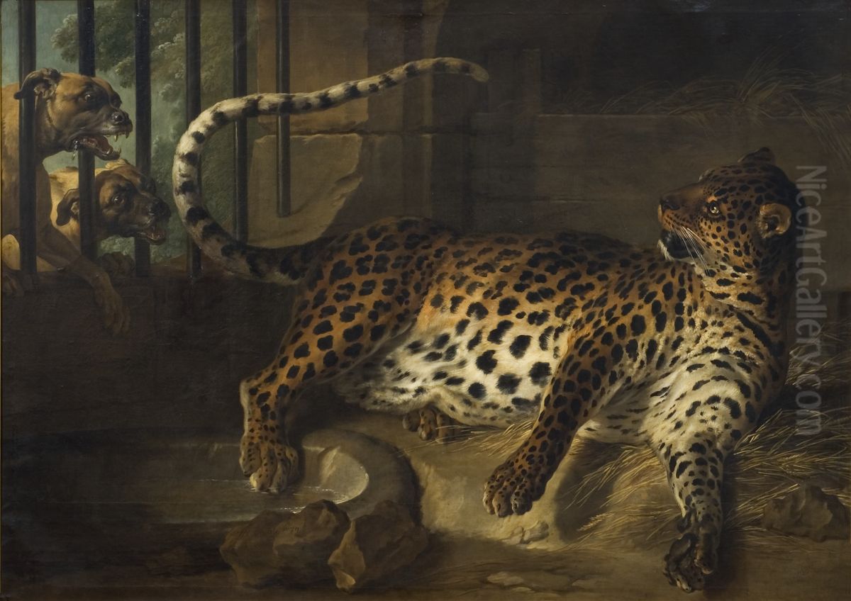 Leopard i bur anfallen av tva doggar Oil Painting by Jean-Baptiste Oudry