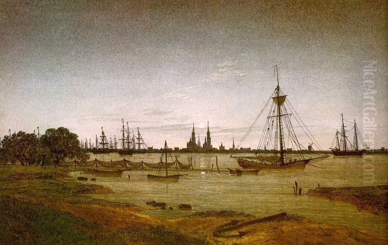 Harbor  by moonlight Oil Painting by Caspar David Friedrich