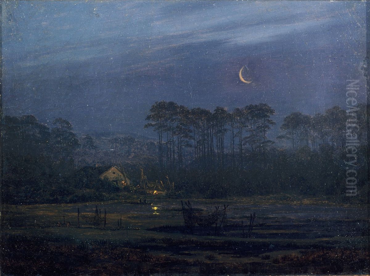 Abend am Fluss / Einsames Haus am Kiefernwald Oil Painting by Caspar David Friedrich