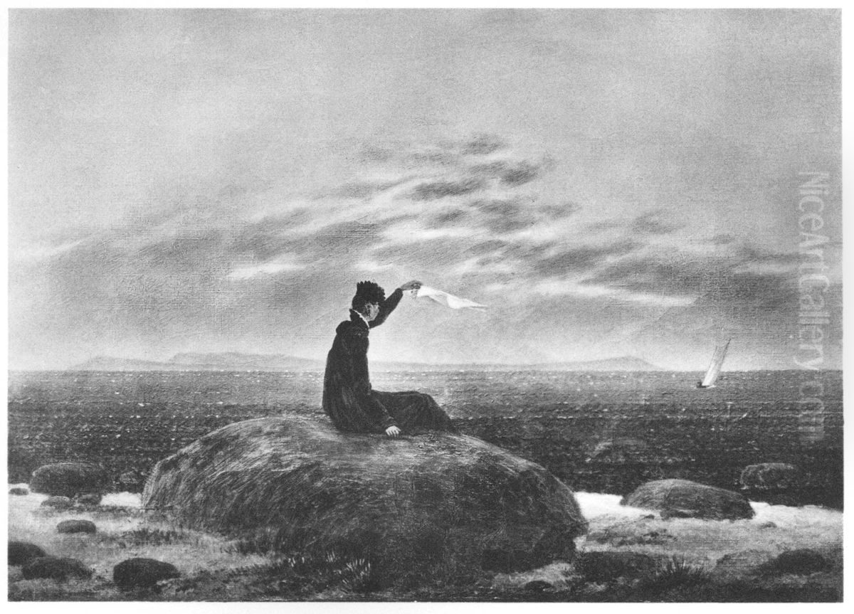 Dame am Meeresstrand, einem Boot zuwinkend Oil Painting by Caspar David Friedrich