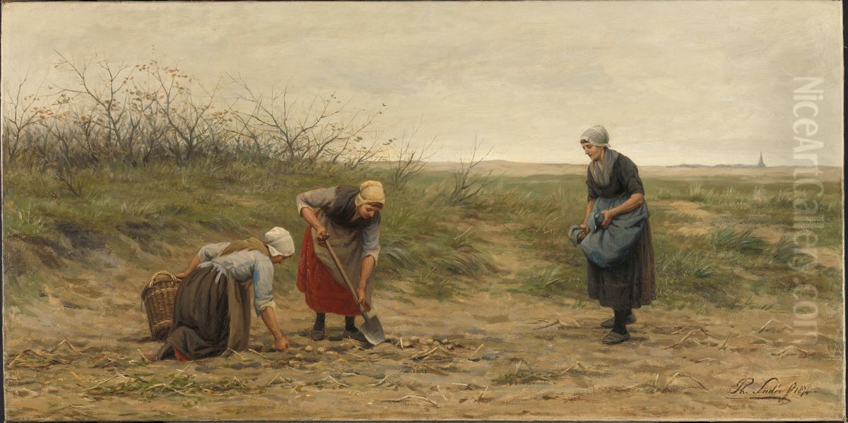Scheveningse vrouwen bij het nalezen van een gerooid aardappelveld Oil Painting by Philip Sadee