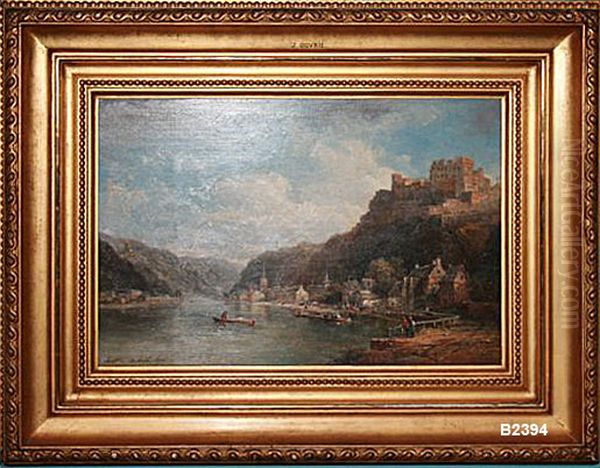 La ville de Sankt Goar sur le Rhin Oil Painting by Pierre-Justin Ouvrie