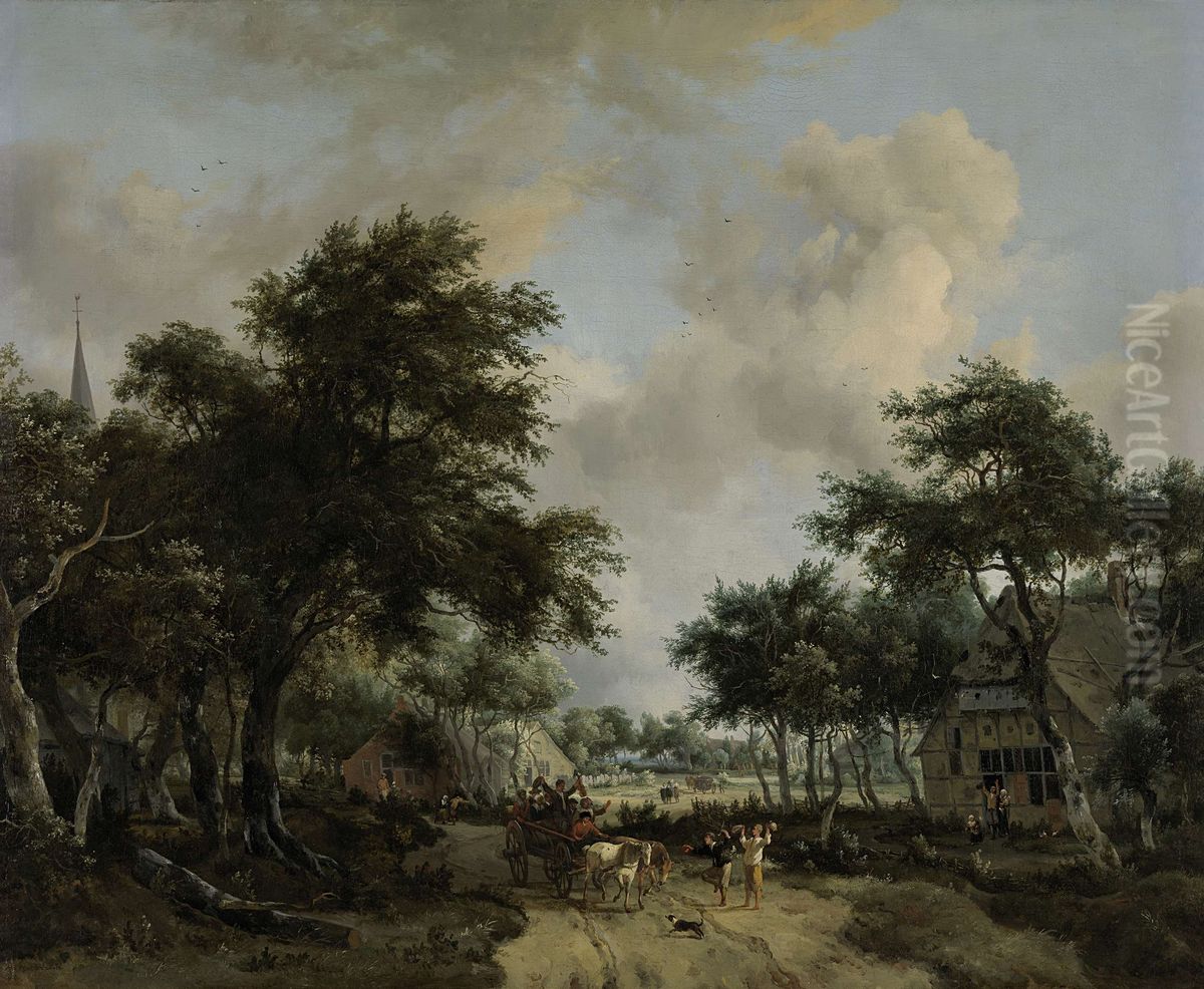 Boslandschap met een vrolijk gezelschap in een wagen Oil Painting by Meindert Hobbema