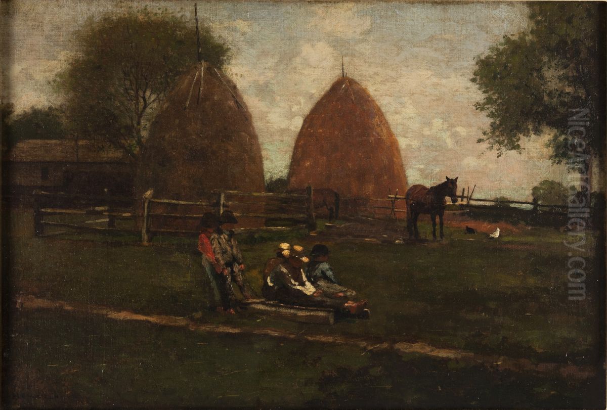 Haystacks and Children Oil Painting by Winslow Homer