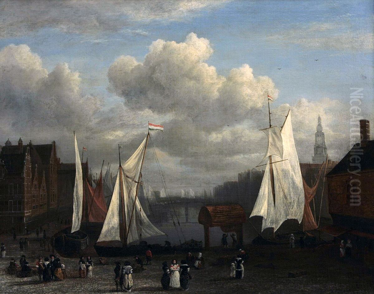 Gezicht op het Damrak met op de voorgrond de Dam te Amsterdam Oil Painting by Jacob Van Ruisdael