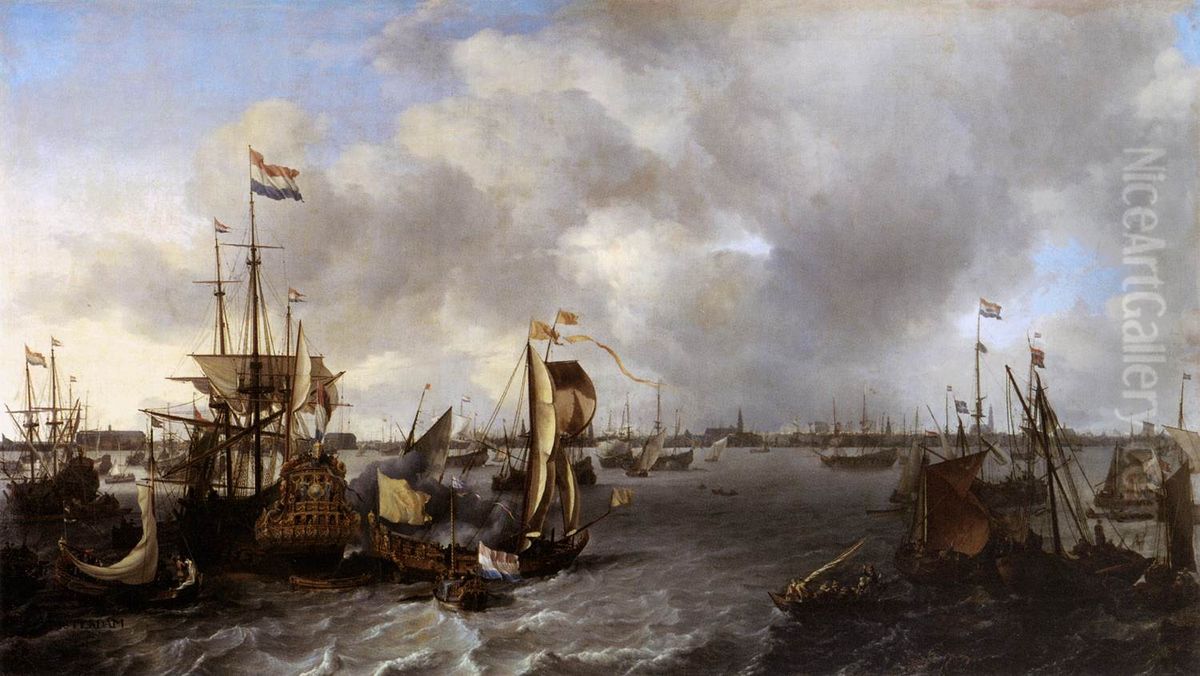 The 'Spiegel' with in the background the silhouette of Amsterdam Oil Painting by Ludolf Bakhuizen