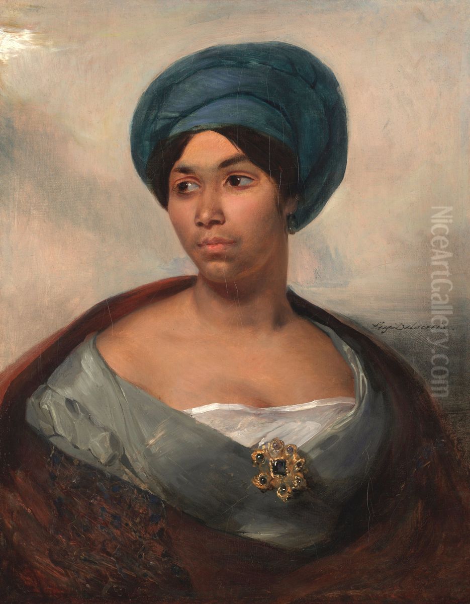 Portrait of a Woman in a Blue Turban Oil Painting by Eugene Delacroix