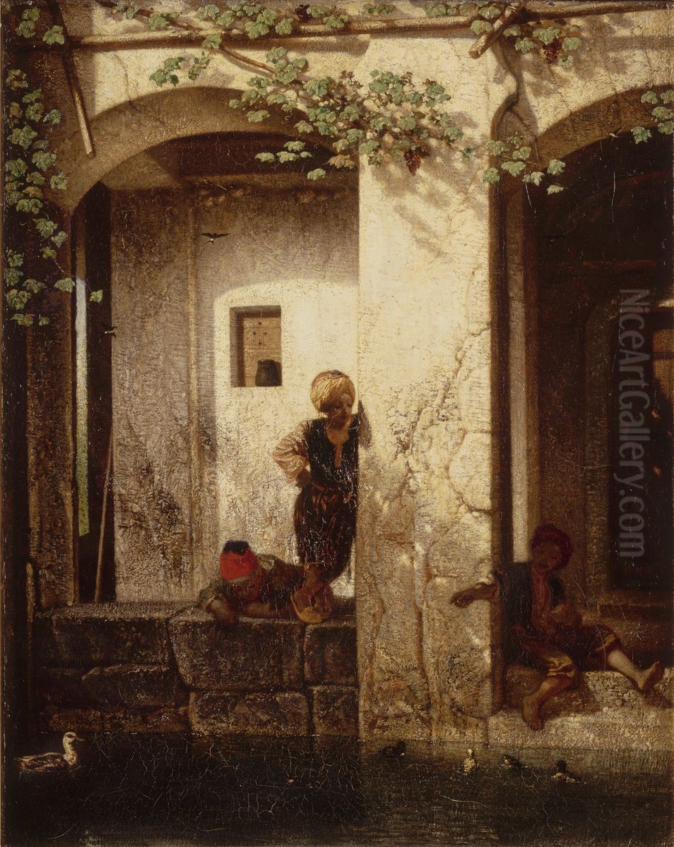 Souvenir de la Turquie d'Asie, dit aussi Enfants turcs aupres d'une fontaine Oil Painting by Alexandre-Gabriel Decamps
