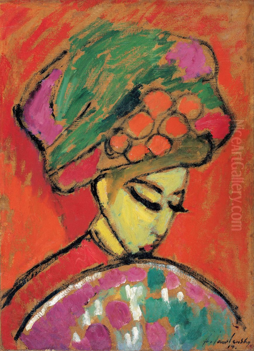 Young Girl with a flowered hat Oil Painting by Alexei Jawlensky