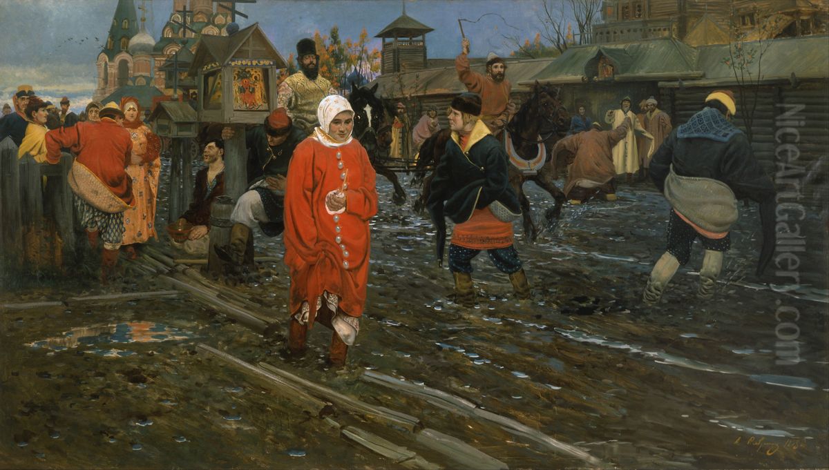 Seventeenth-Century Moscow Street on a Public Holiday Oil Painting by Andrei Petrovich Ryabushkin