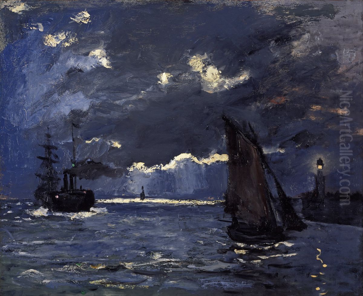 A Seascape, Shipping by Moonlight Oil Painting by Claude Oscar Monet