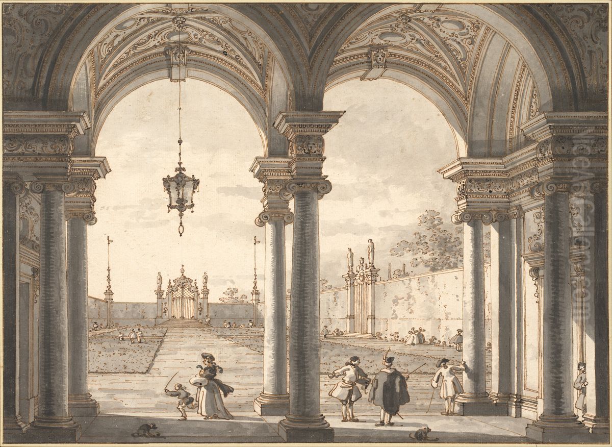 View through a Baroque Colonnade into a Garden, 1760-1768 Oil Painting by Canaletto