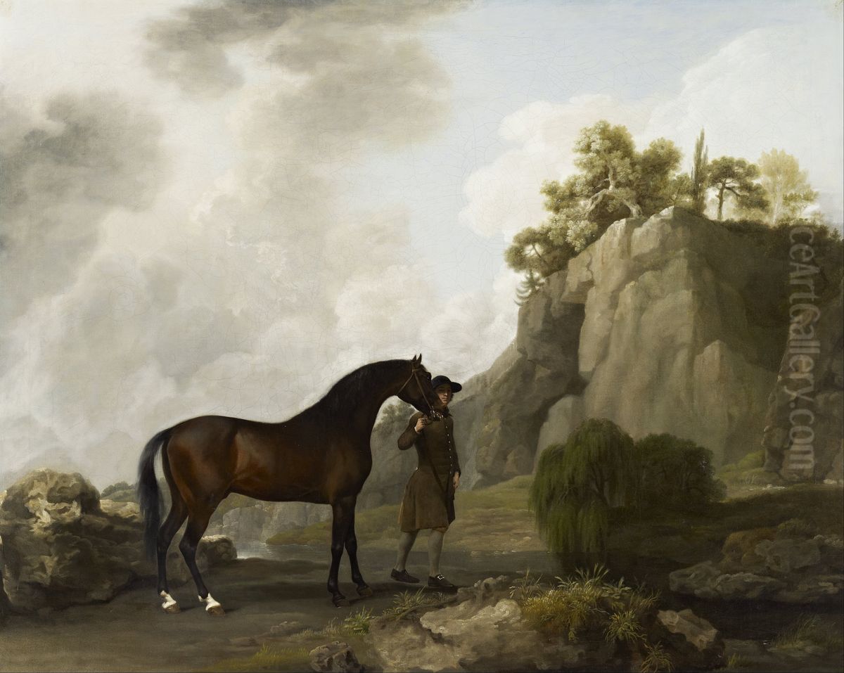 The Marquess of Rockingham's Arabian Stallion (led by a Groom at Creswell Crags) Oil Painting by George Stubbs