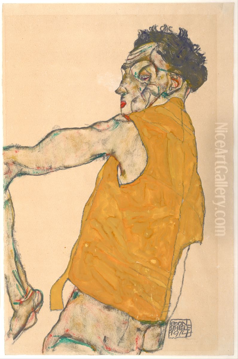 Self-Portrait in Yellow Vest, 1914 Oil Painting by Egon Schiele