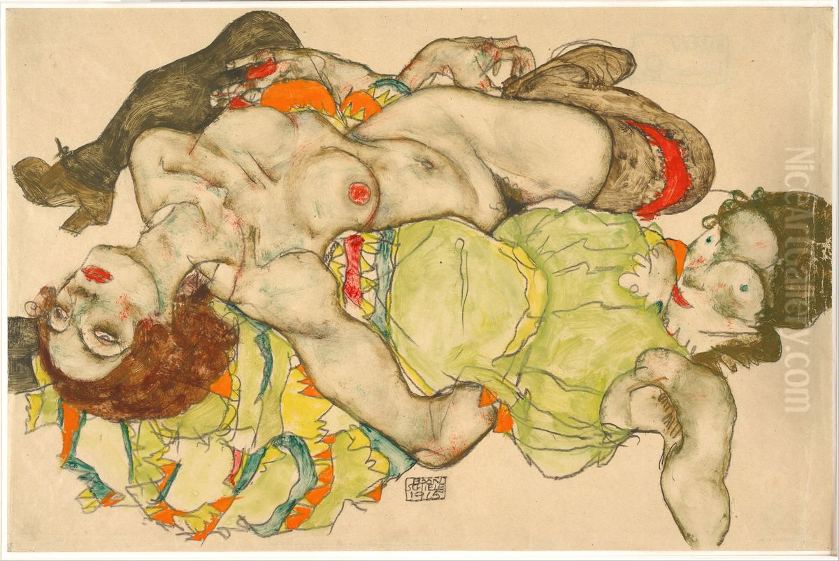 Female Lovers, 1915 Oil Painting by Egon Schiele