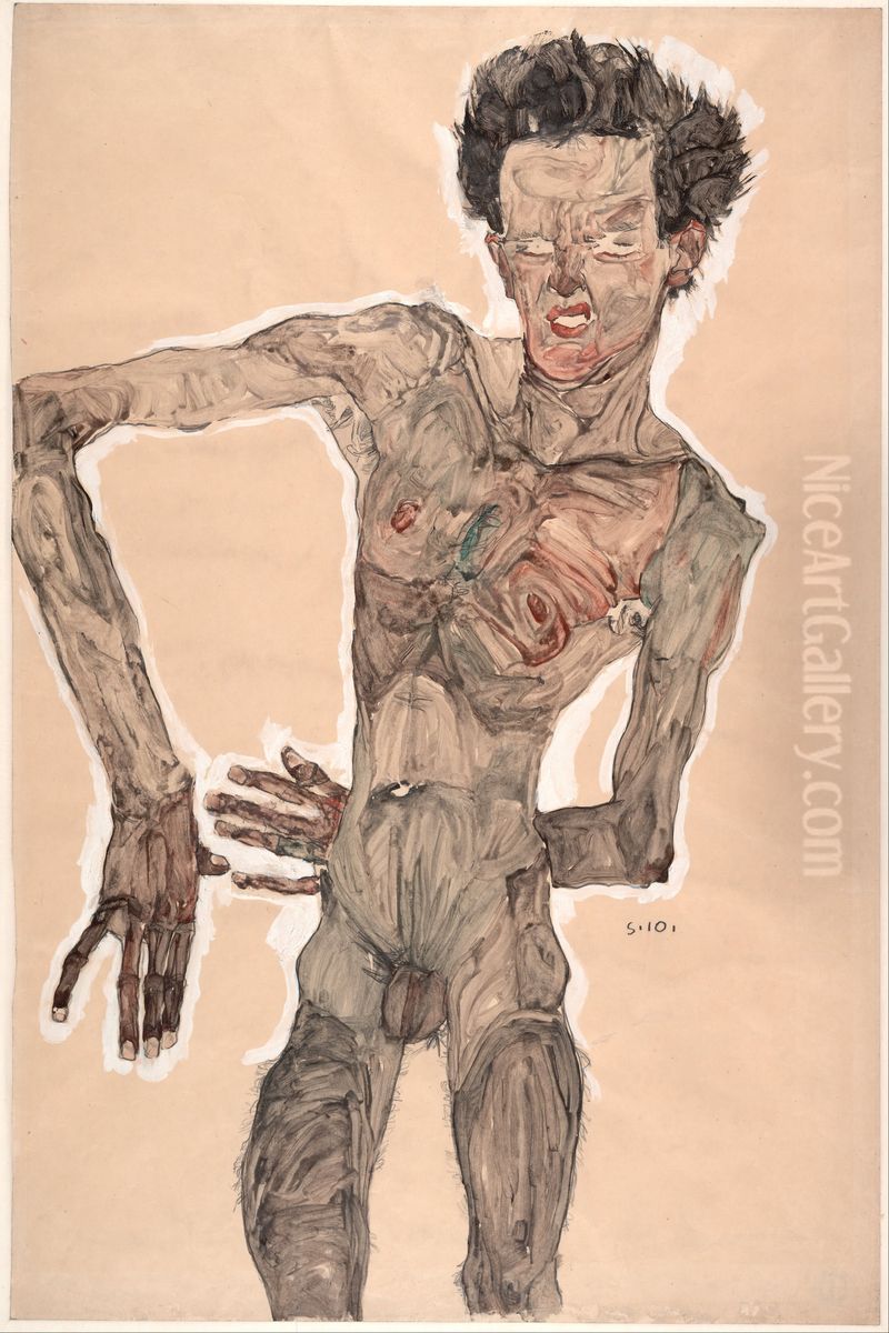 Nude Self-Portrait, Grimacing Oil Painting by Egon Schiele