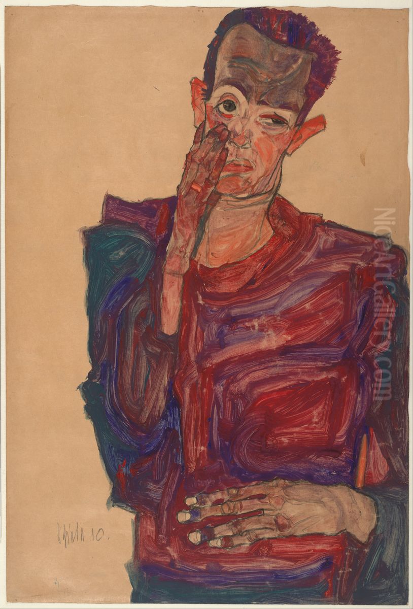 Self-Portrait with Eyelid Pulled Down, 1910 Oil Painting by Egon Schiele