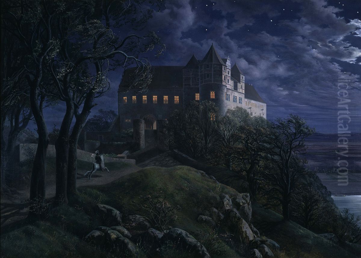Burg Scharfenberg at Night Oil Painting by Ernst Ferdinand Oehme