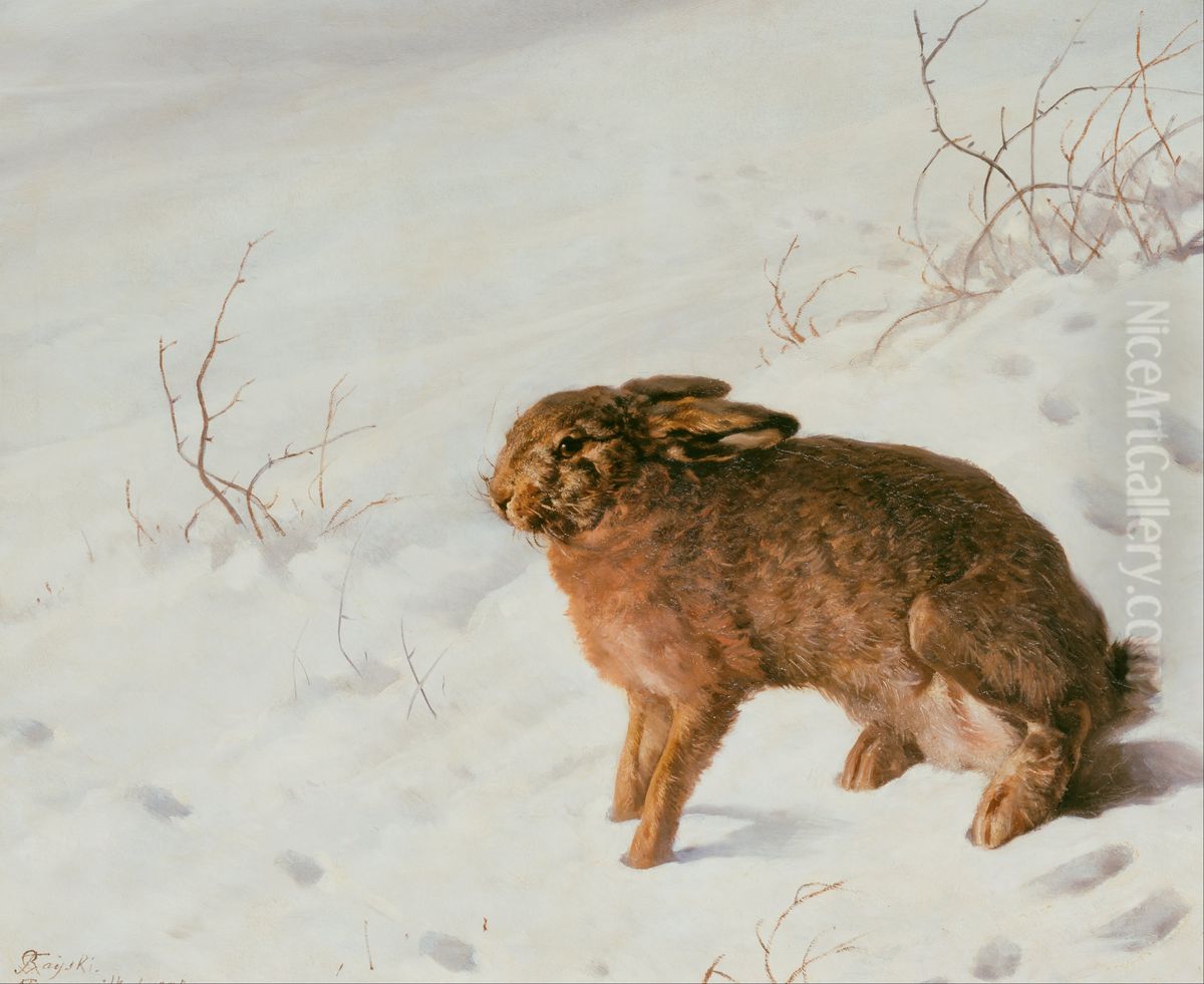 Hare in the Snow Oil Painting by Ferdinand von Rayski