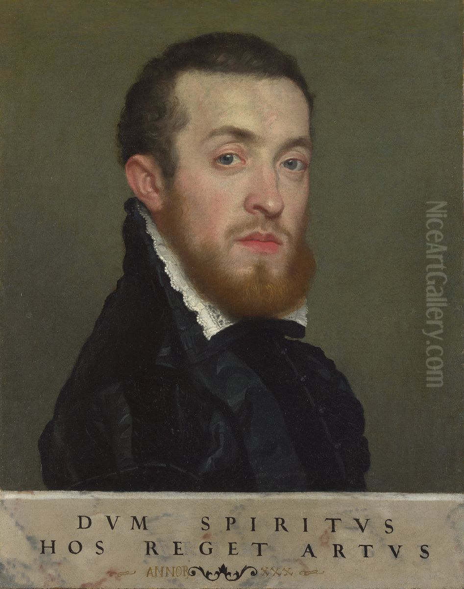 Bust Portrait of a Young Man with an Inscription Oil Painting by Giovanni Battista Moroni