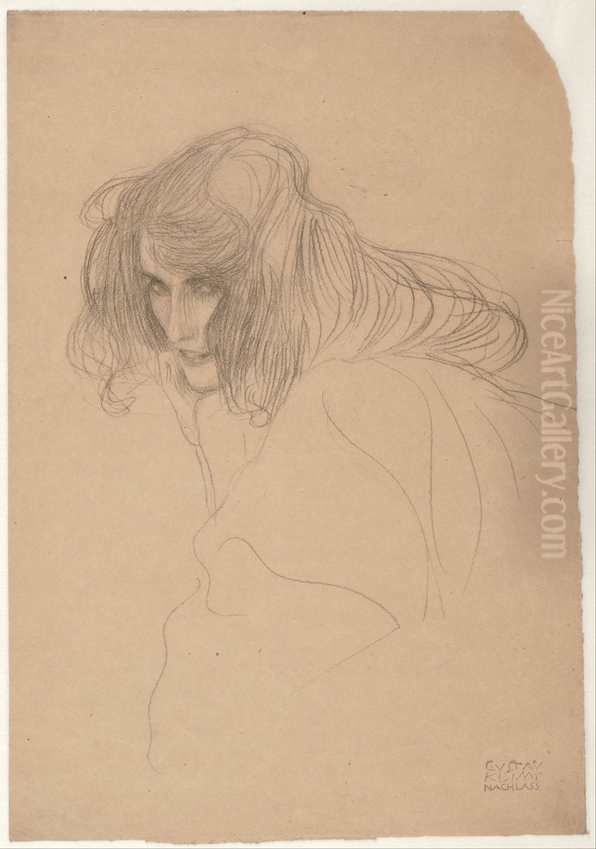 Head of a Woman in Three-Quarter Profile Oil Painting by Gustav Klimt