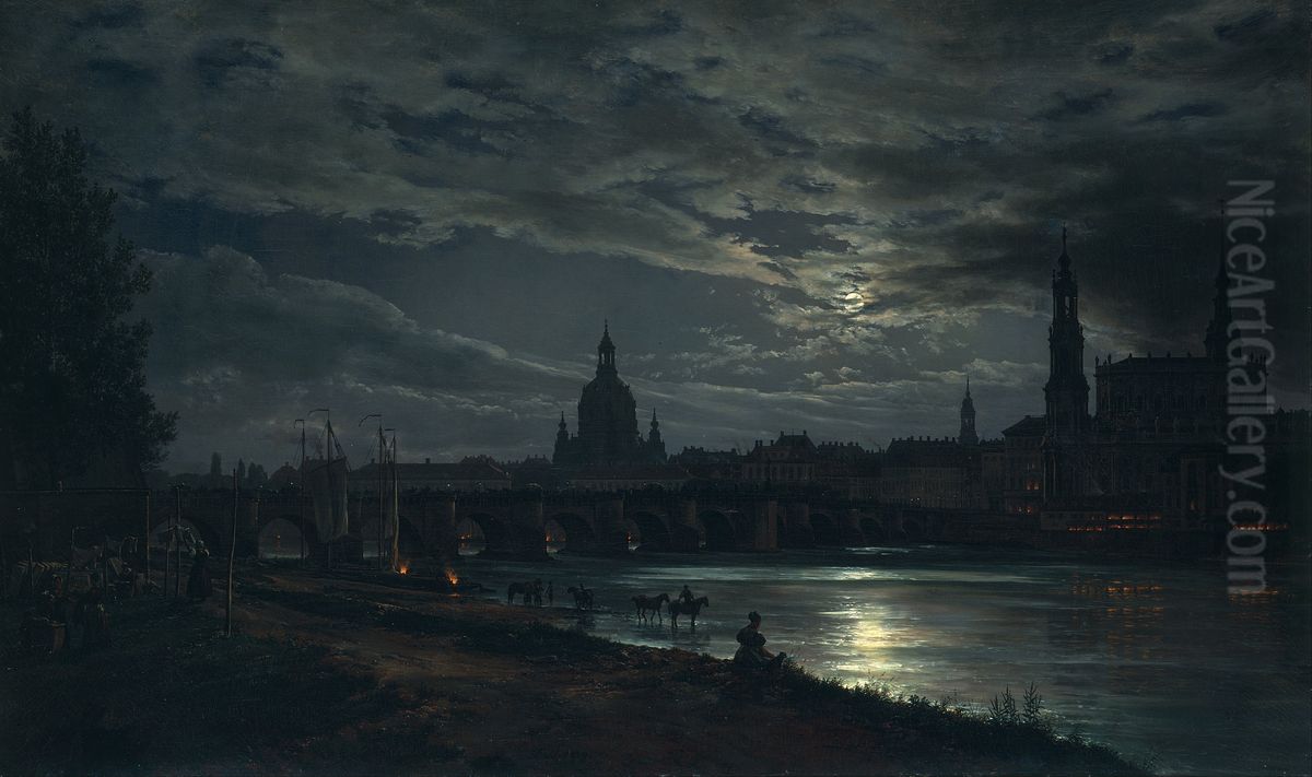 View of Dresden by Moonlight Oil Painting by Johan Wilhelm Ludwig Dahl