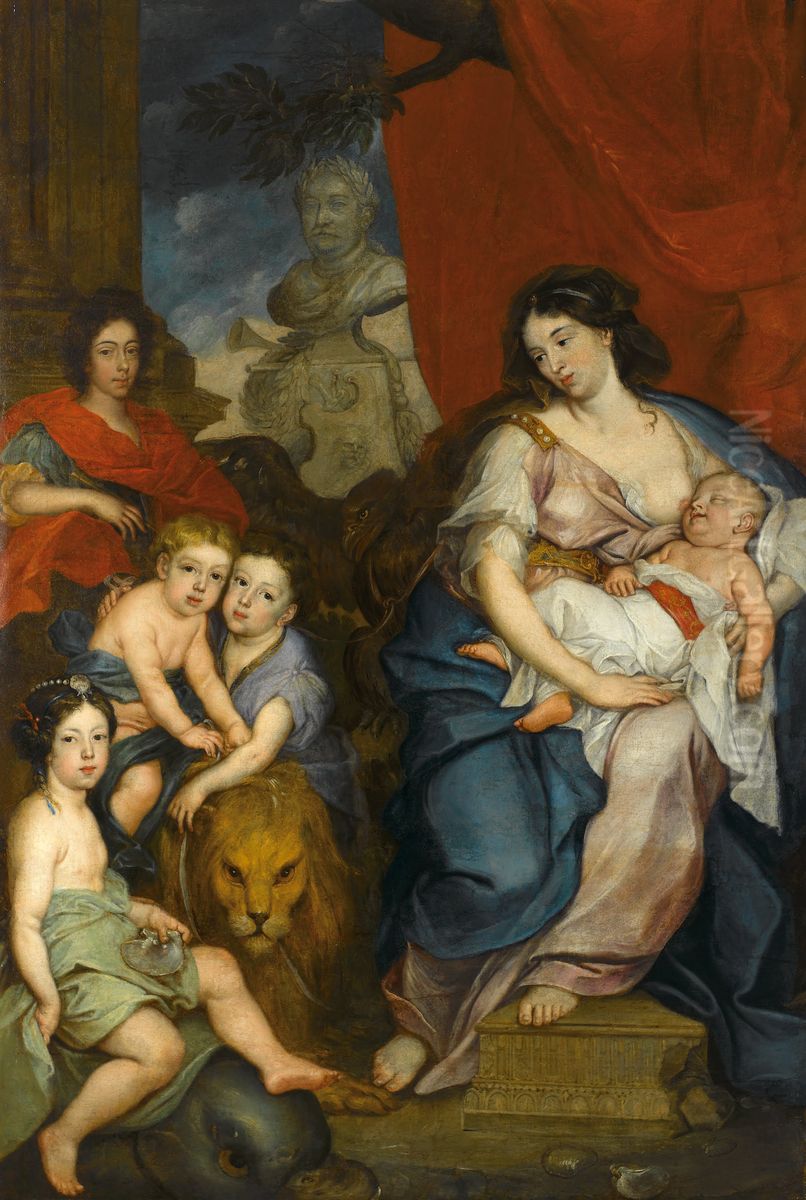 Portrait of Queen Maria Casimire with children Oil Painting by Jerzy Siemiginowski-Eleuter