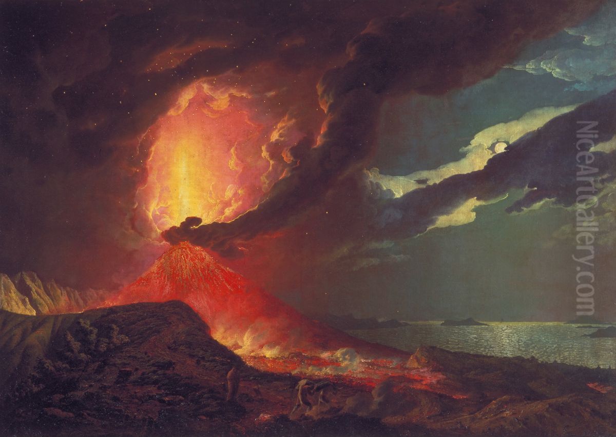 Vesuvius in Eruption, with a View over the Islands in the Bay of Naples Oil Painting by Joseph Wright of Derby