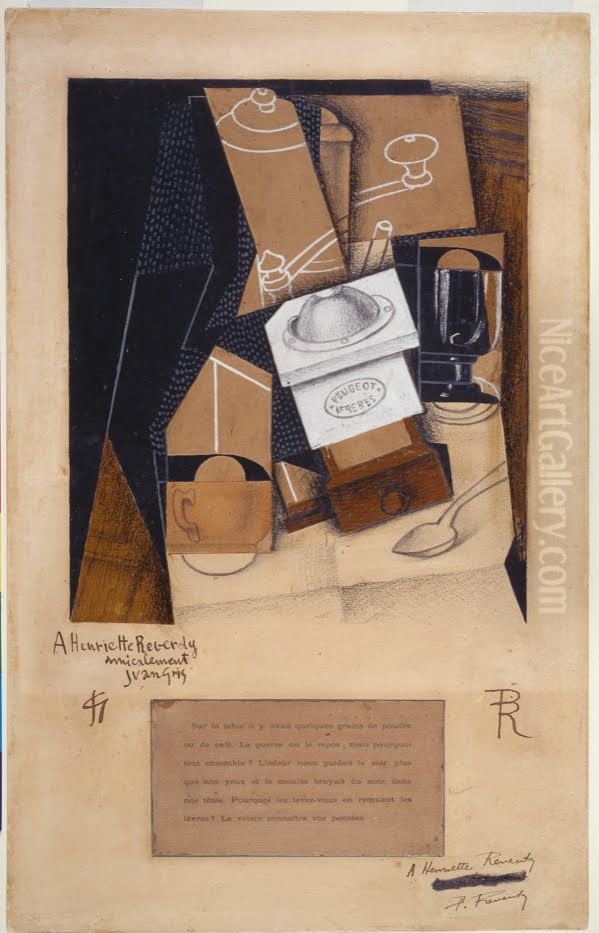 Moulin a cafe, tasse et verre sur une table Oil Painting by Juan Gris