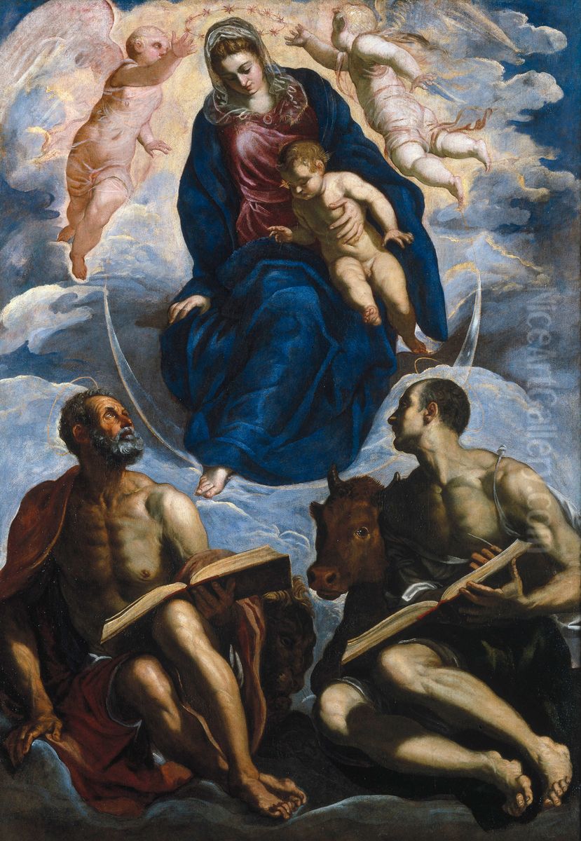 Mary with the Child, Venerated by St. Marc and St. Luke Oil Painting by Jacopo Tintoretto