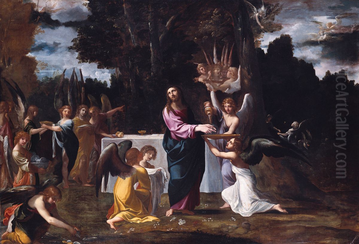 Christ in the Wilderness, Served by Angels Oil Painting by Ludovico Carracci