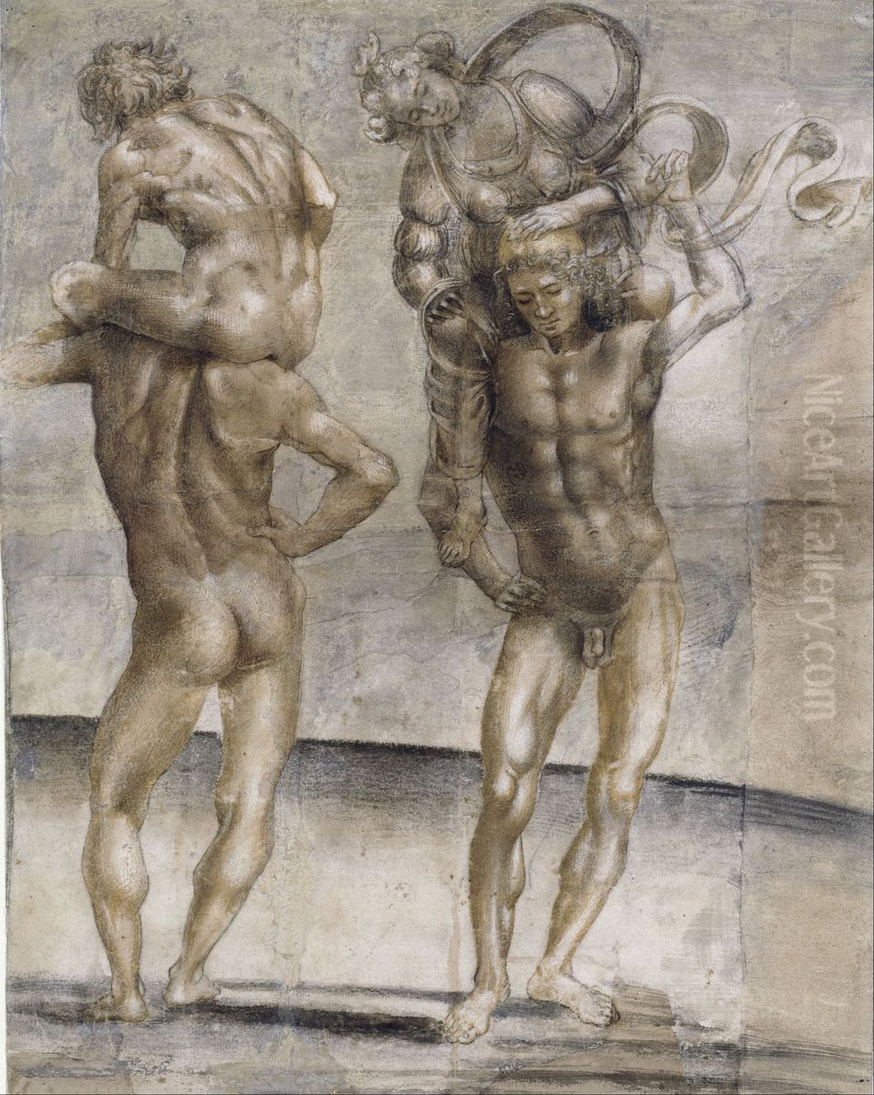 Two nude youths carrying a young woman and a young man Oil Painting by Luca Signorelli