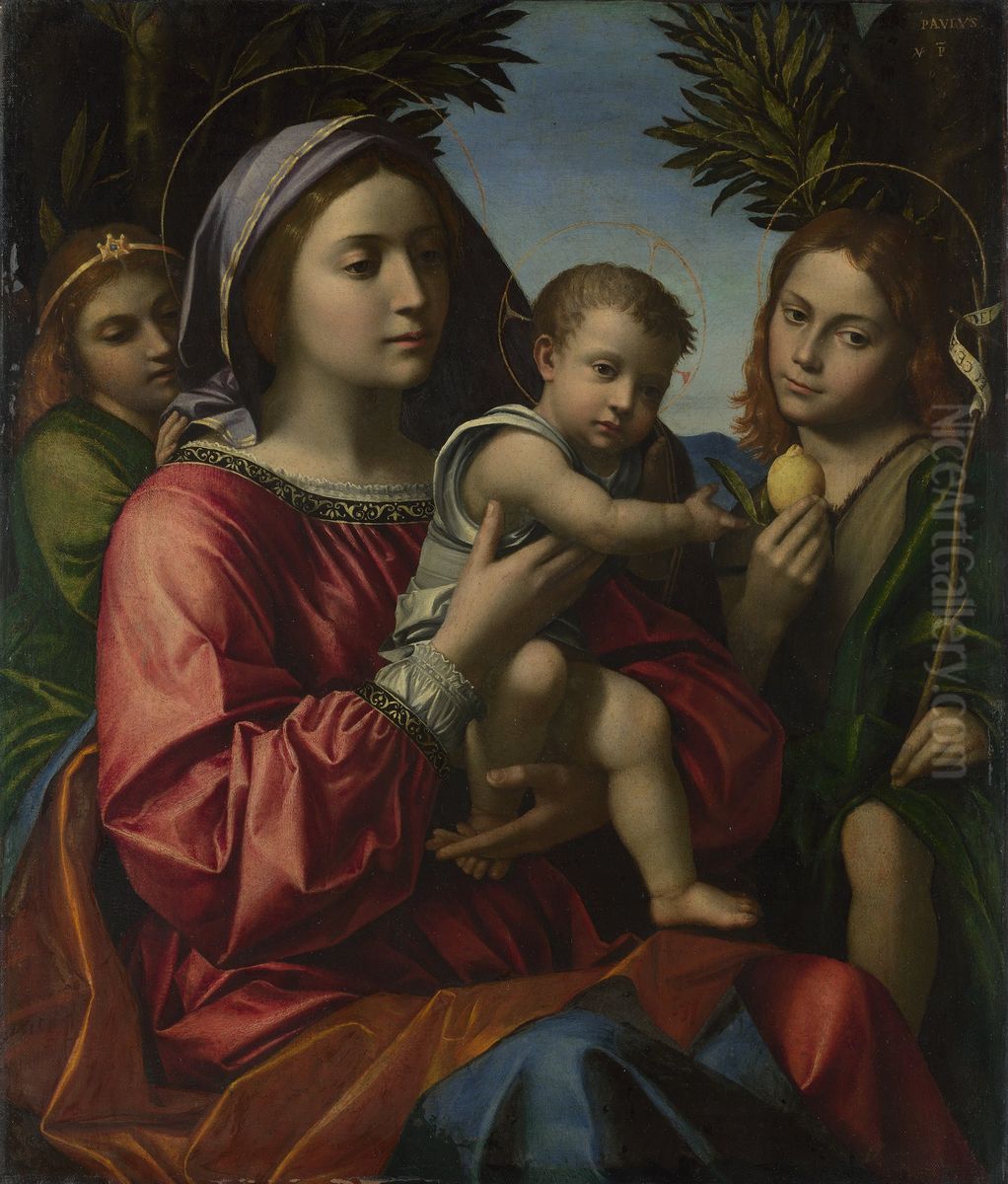 The Virgin and Child, Saint John the Baptist and an Angel Oil Painting by Paolo Morando Cavazzola