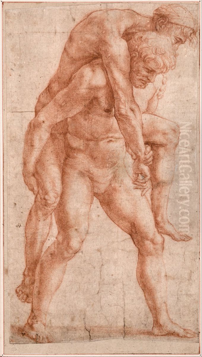 Young Man Carrying an Old Man on His Back Oil Painting by Raphael